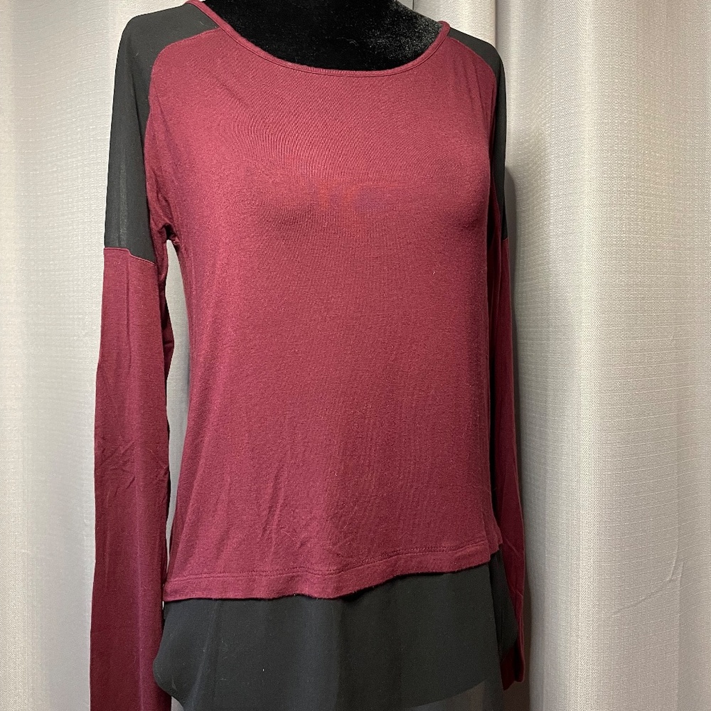 A.N.A. size XS color block long sleeve top burgundy with sheer black accents